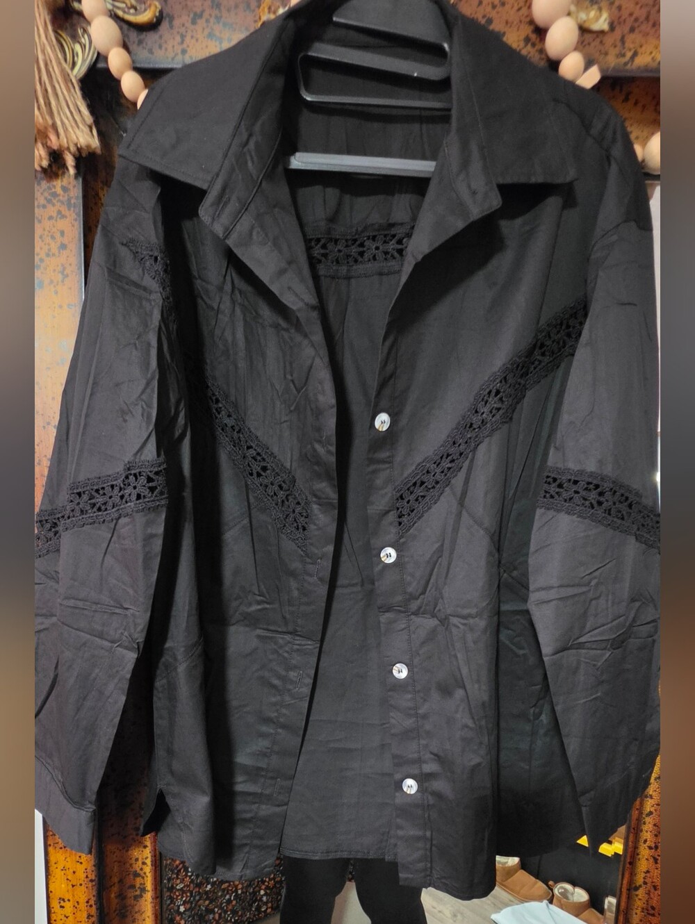 Amazon Black Button-Front Women's Shirt with Lace Insets